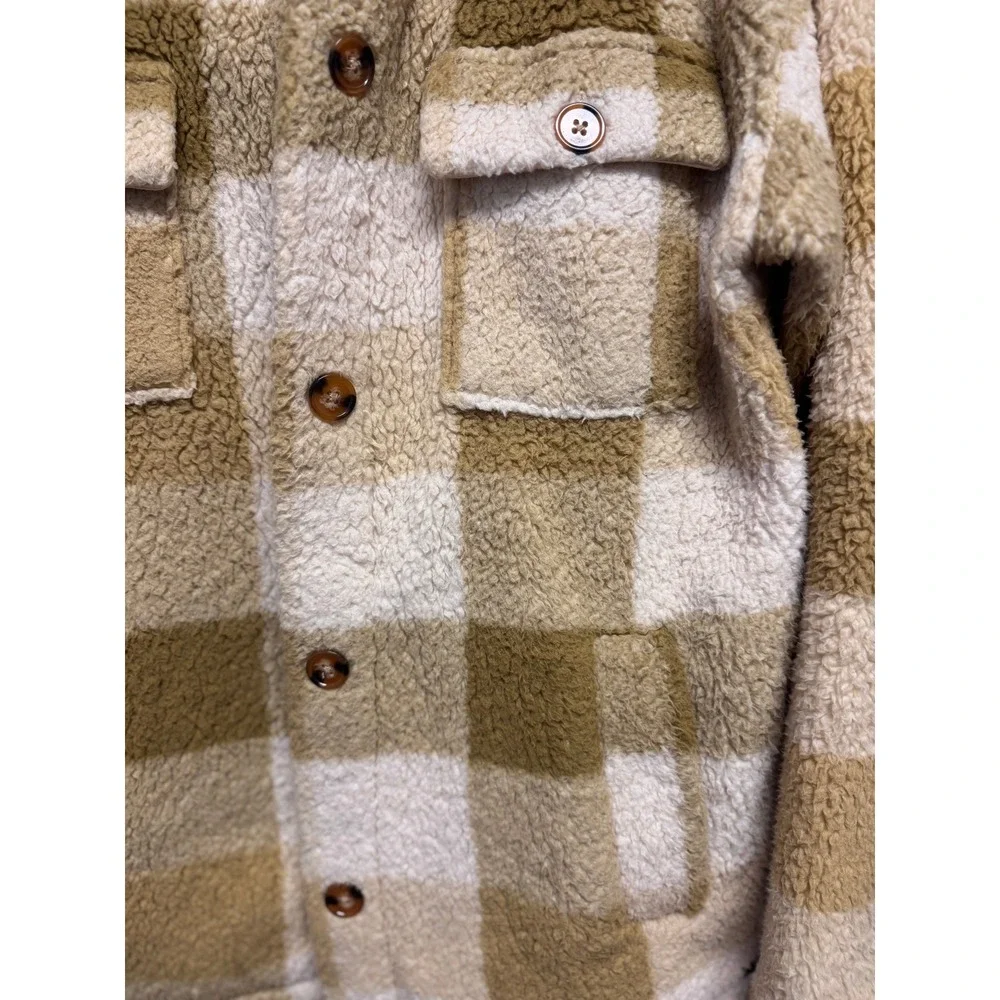 Billabong Cream Olive Plaid Sherpa Fleece Shacket Jacket Button Women's Small - Picture 4 of 9